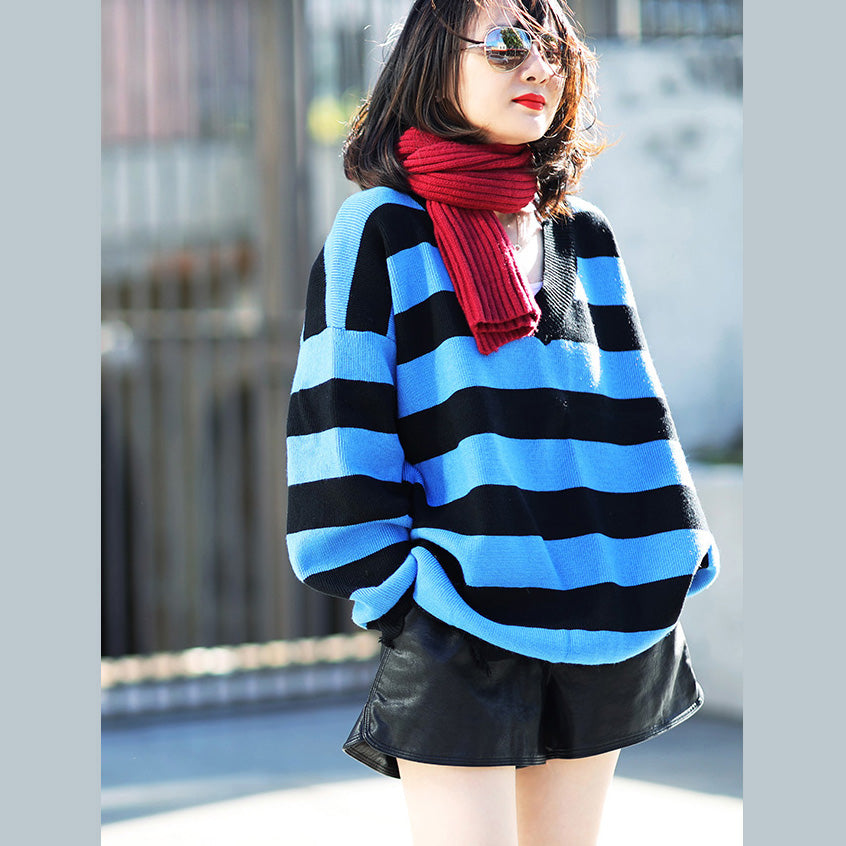 Unique Cotton Tunic Pattern Fine V Neck Catwalk Blue Striped Box Knit Tops Spring