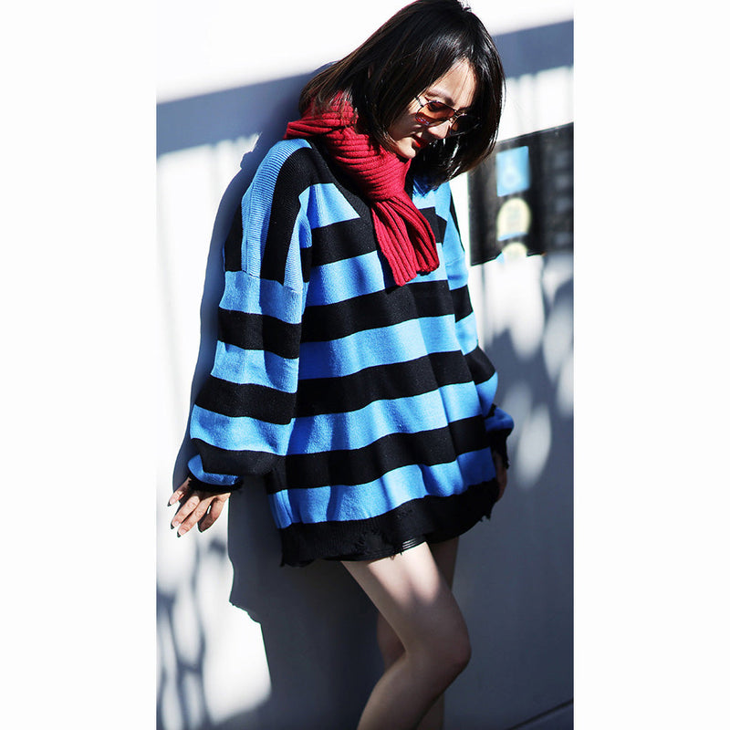 Unique Cotton Tunic Pattern Fine V Neck Catwalk Blue Striped Box Knit Tops Spring