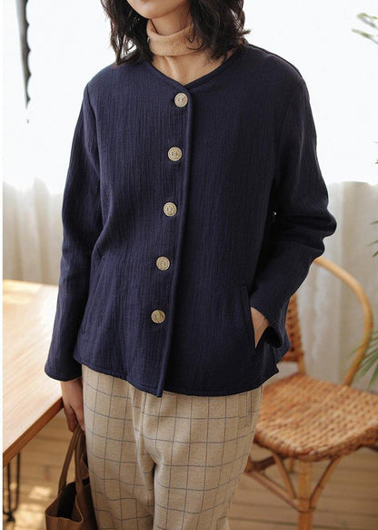 Unique Dark Blue Cotton Clothes for O Neck Button Short Shirt