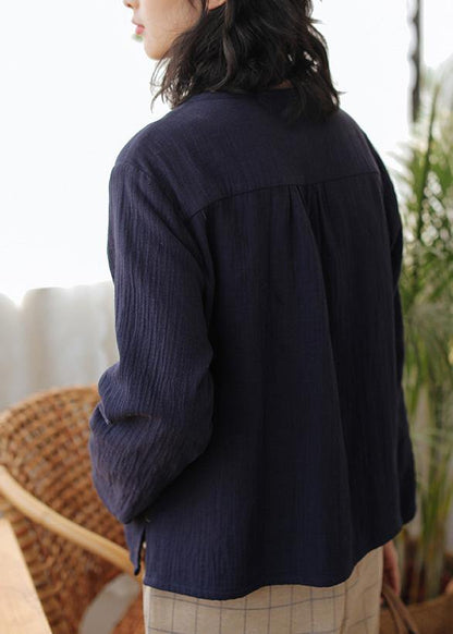 Unique Dark Blue Cotton Clothes for O Neck Button Short Shirt