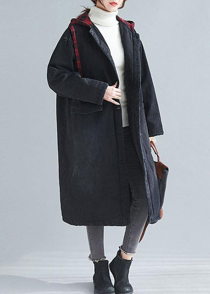 Unique Denim Black Fine Coats Inspiration Hooded Patchwork Spring Outwears