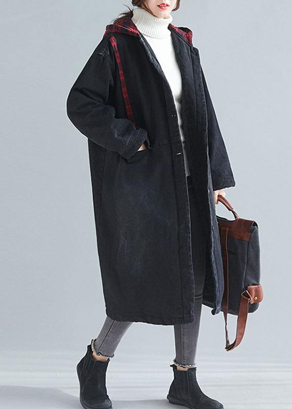 Unique Denim Black Fine Coats Inspiration Hooded Patchwork Spring Outwears