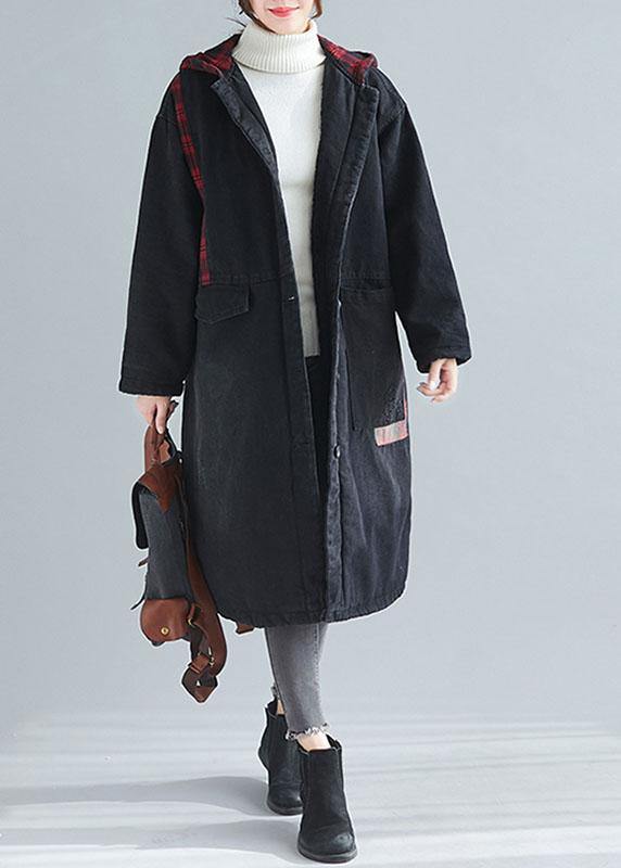Unique Denim Black Fine Coats Inspiration Hooded Patchwork Spring Outwears