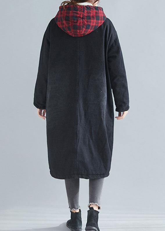 Unique Denim Black Fine Coats Inspiration Hooded Patchwork Spring Outwears