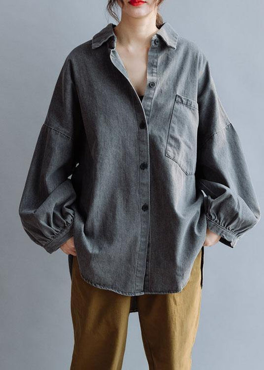 Unique Denim Gray Cotton Blouse Low High Design Daily Fall Blouses