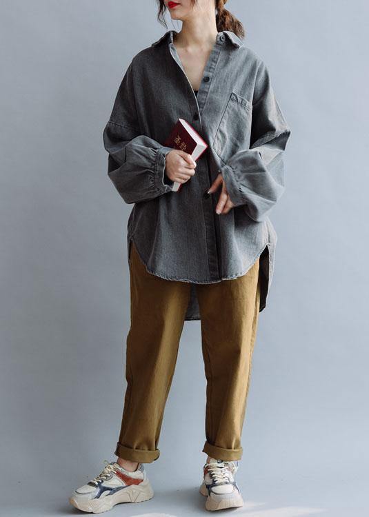 Unique Denim Gray Cotton Blouse Low High Design Daily Fall Blouses