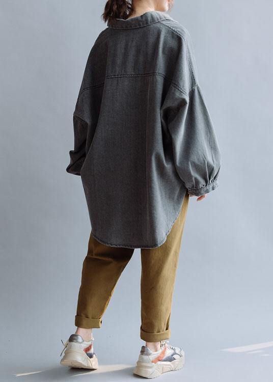 Unique Denim Gray Cotton Blouse Low High Design Daily Fall Blouses