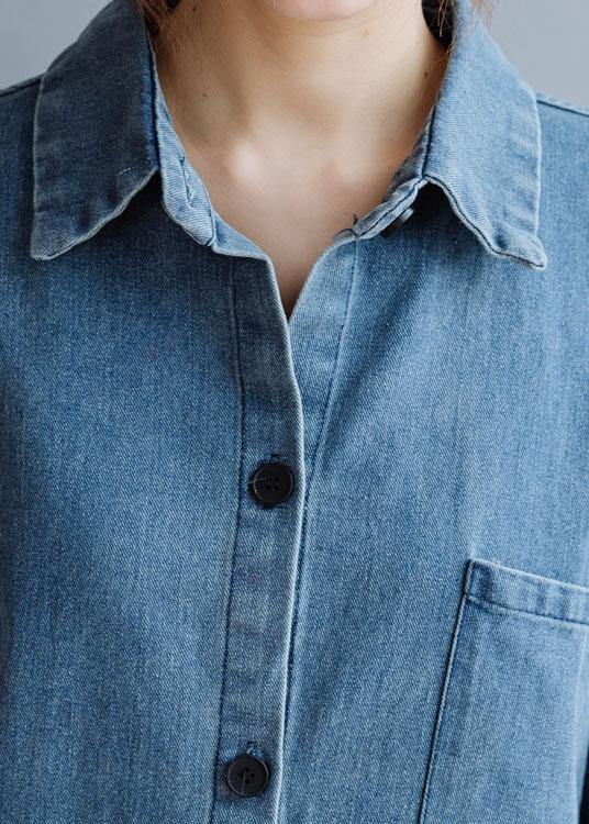 Unique Denim Gray Cotton Blouse Low High Design Daily Fall Blouses