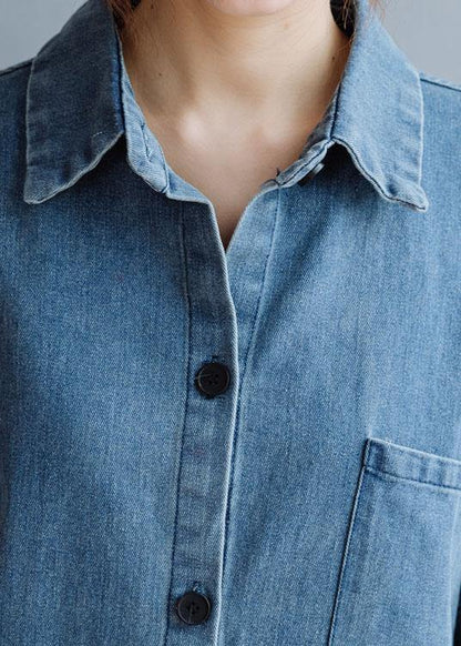 Unique Denim Gray Cotton Blouse Low High Design Daily Fall Blouses
