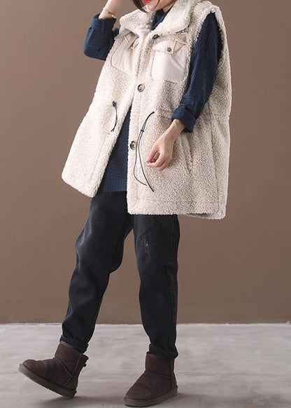 Unique Drawstring Sleeveless Maxi Coat Beige White Silhouette Coats