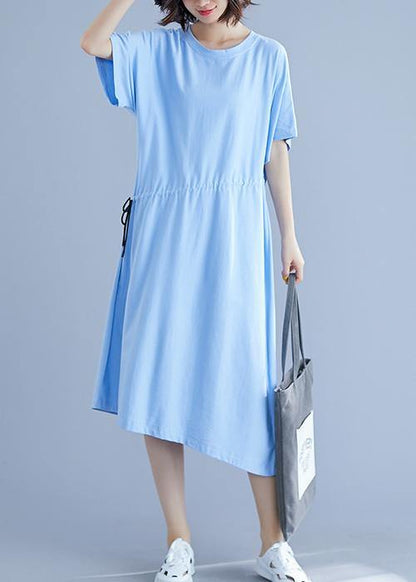 Unique Drawstring Waist Cotton Summer Clothes for Blue O Neck Oversized Dresses