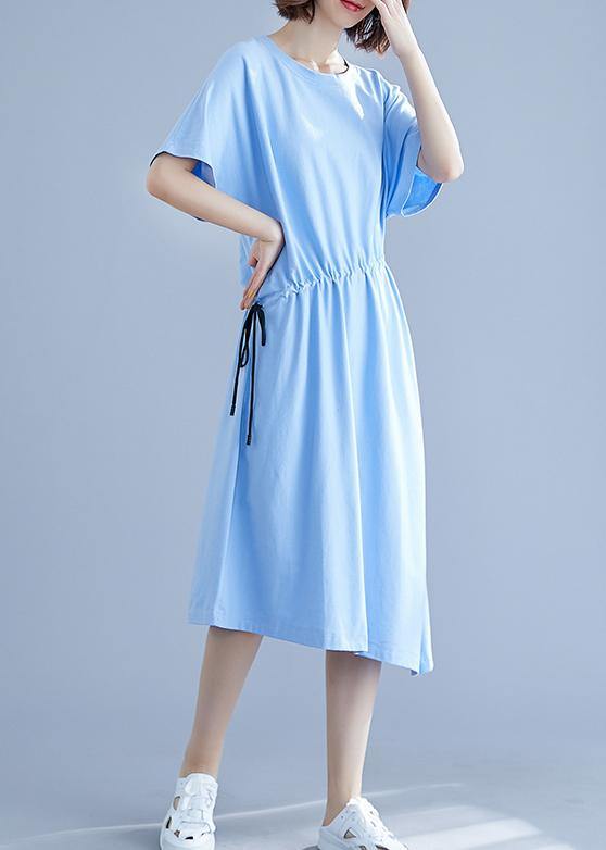 Unique Drawstring Waist Cotton Summer Clothes for Blue O Neck Oversized Dresses