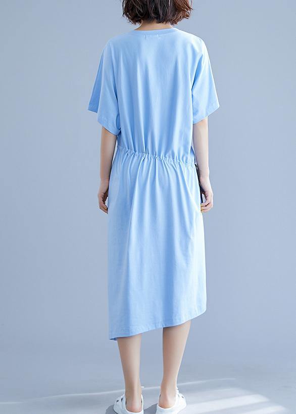 Unique Drawstring Waist Cotton Summer Clothes for Blue O Neck Oversized Dresses