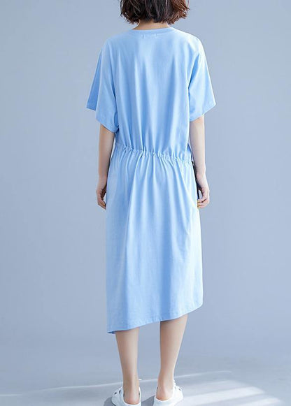 Unique Drawstring Waist Cotton Summer Clothes for Blue O Neck Oversized Dresses