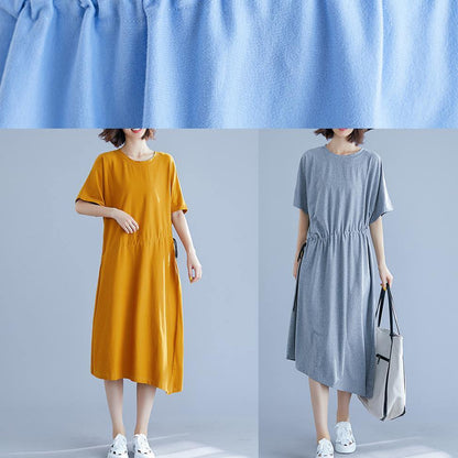 Unique Drawstring Waist Cotton Summer Clothes for Blue O Neck Oversized Dresses