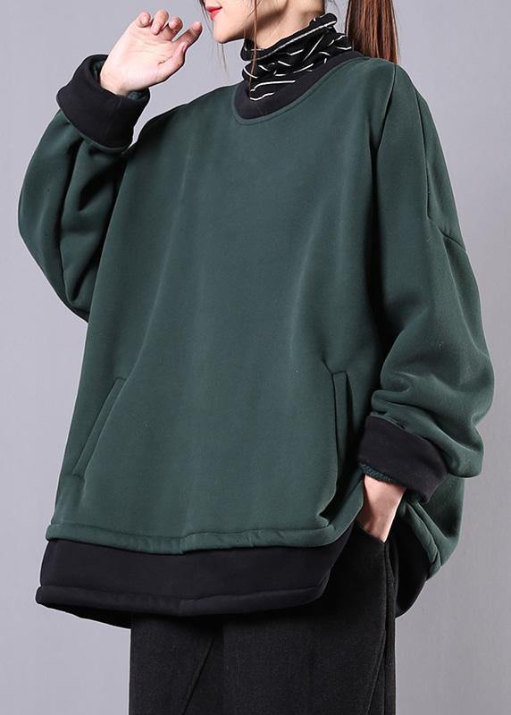 Unique Dull Green Cotton Clothes for O Neck Pockets Tunic Top