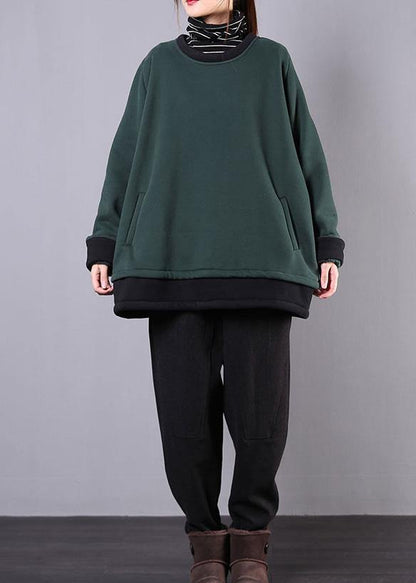 Unique dull green cotton clothes For Women o neck pockets tunic top