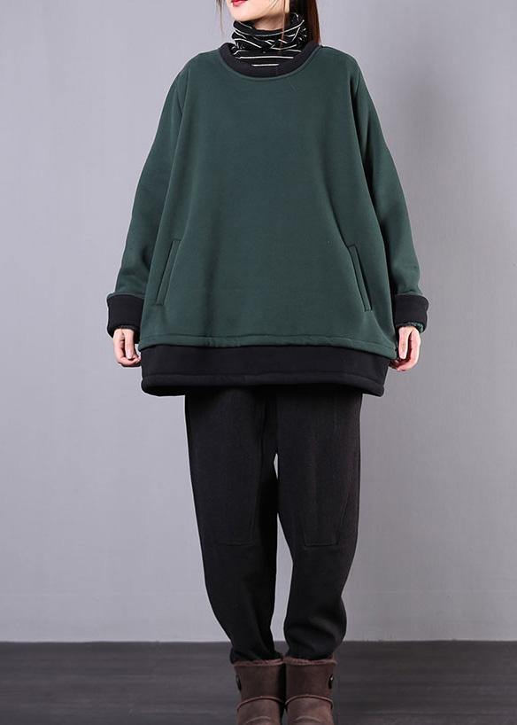Unique Dull Green Cotton Clothes for O Neck Pockets Tunic Top