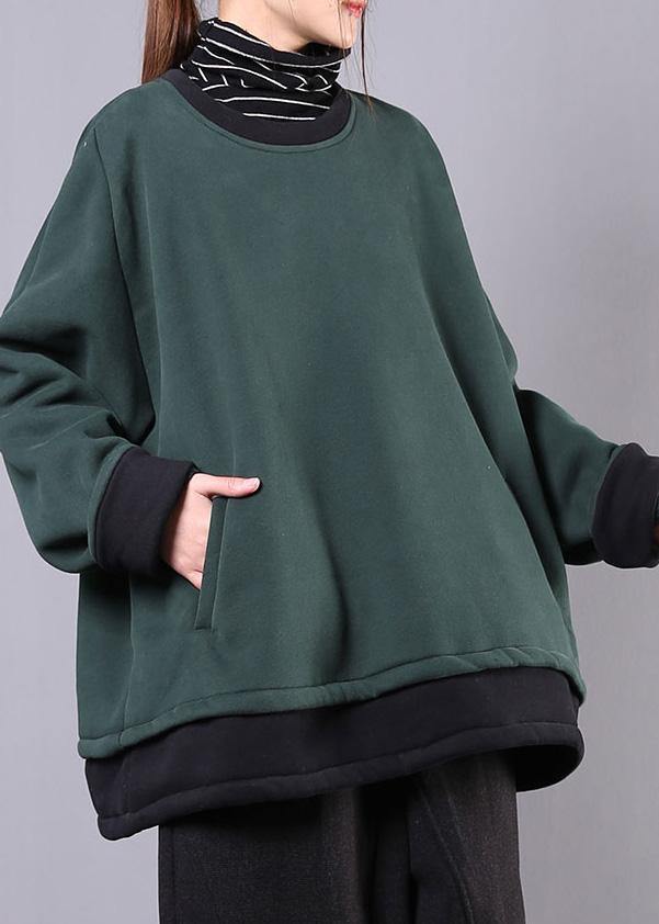 Unique Dull Green Cotton Clothes for O Neck Pockets Tunic Top