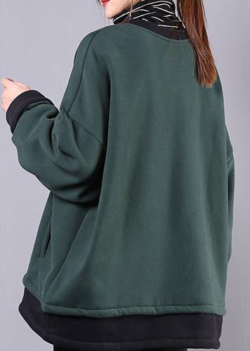 Unique dull green cotton clothes For Women o neck pockets tunic top