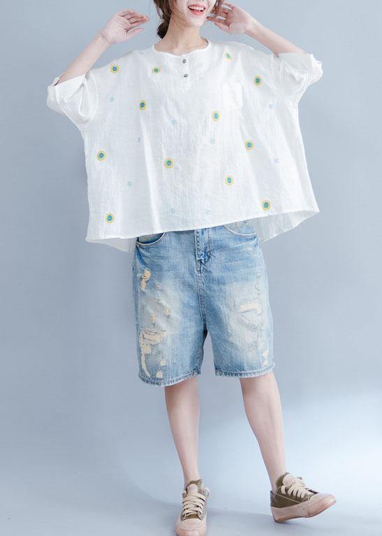 Unique Embroidery Cotton Tunic Top White Art Tops Summer