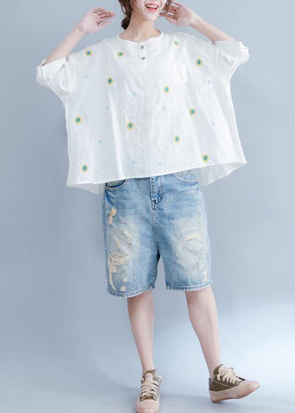 Unique Embroidery Cotton Tunic Top White Art Tops Summer