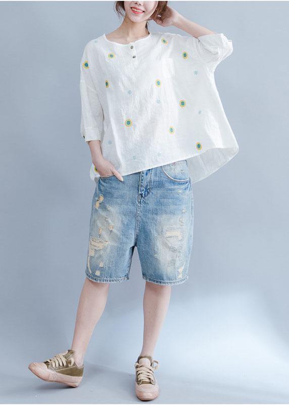 Unique Embroidery Cotton Tunic Top White Art Tops Summer