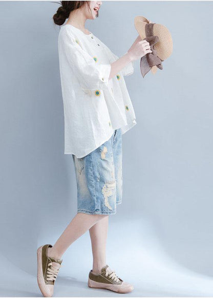 Unique Embroidery Cotton Tunic Top White Art Tops Summer