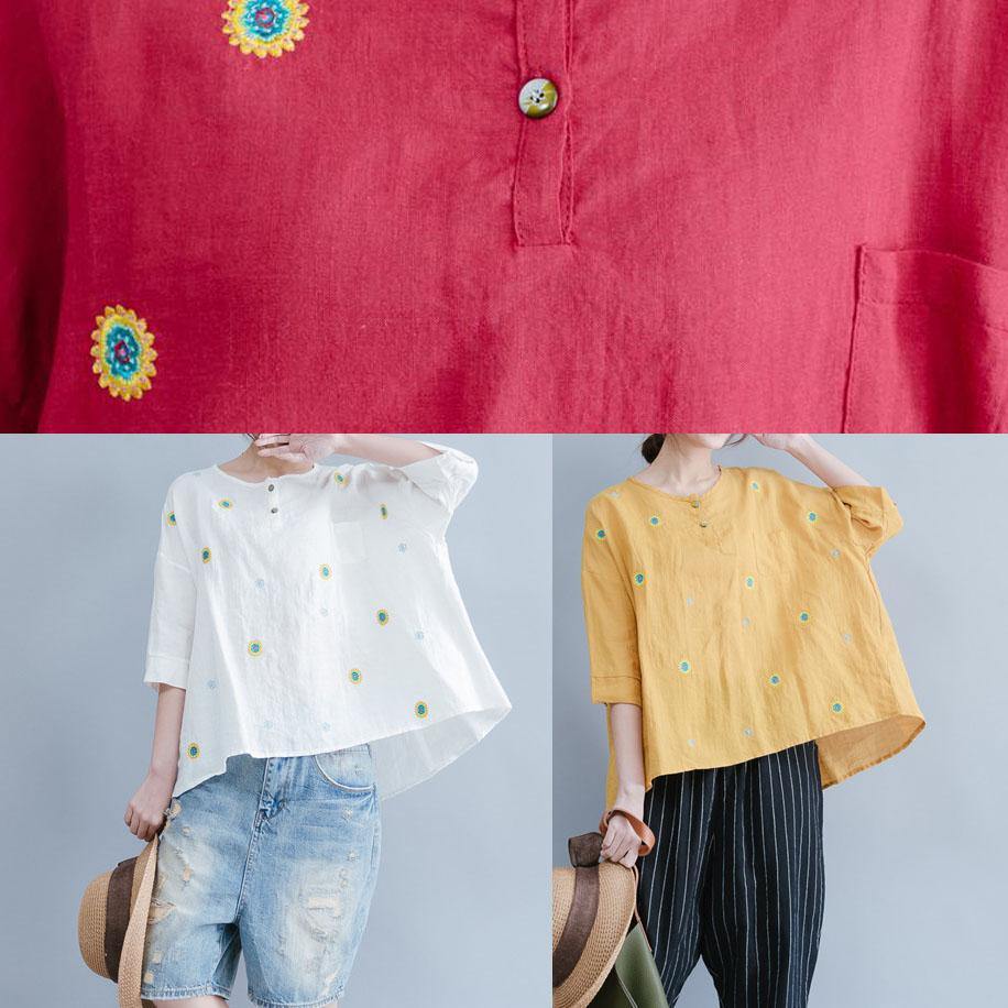Unique Embroidery Cotton Tunic Top White Art Tops Summer