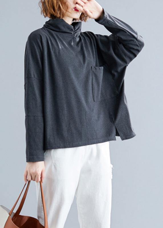 Unique Gray Black Cotton Top Silhouette Asymmetric Dresses Fall Shirts