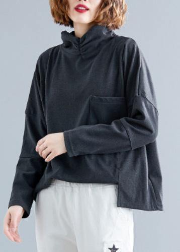 Unique Gray Black Cotton Top Silhouette Asymmetric Dresses Fall Shirts