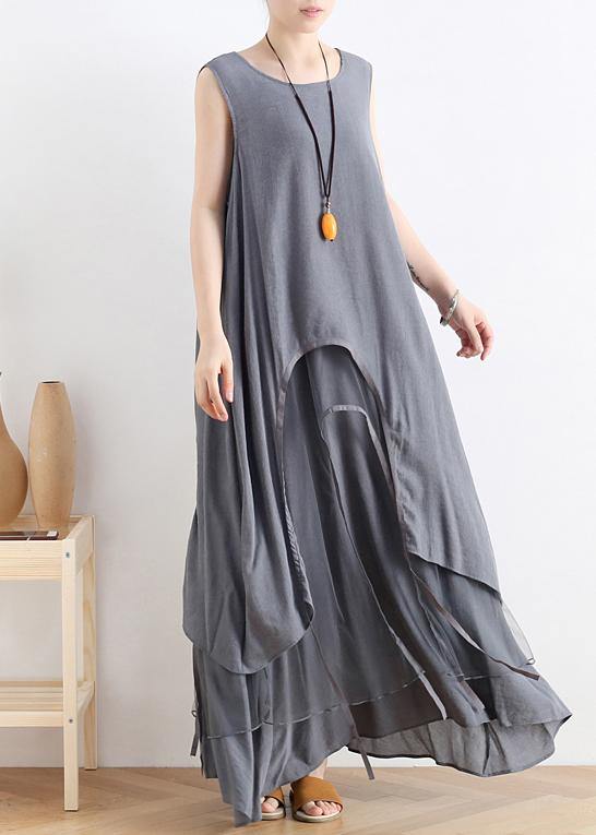 Unique Gray Cotton Dresso Neck Asymmetric Robes Summer Dress