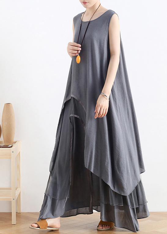 Unique Gray Cotton Dresso Neck Asymmetric Robes Summer Dress