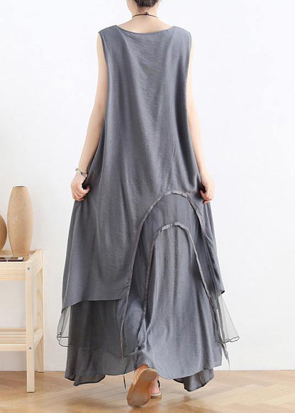 Unique Gray Cotton Dresso Neck Asymmetric Robes Summer Dress