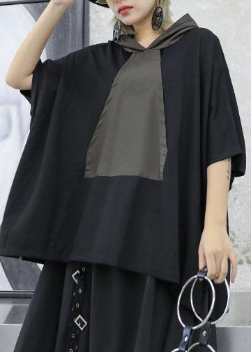 Unique Gray Green Patchwork Cotton Blouse Hooded Dresses Fall Blouses