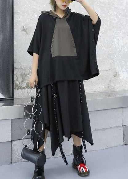 Unique Gray Green Patchwork Cotton Blouse Hooded Dresses Fall Blouses