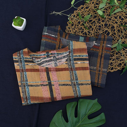Unique Gray Plaid Linen Blouse O Neck Short Summer Blouses