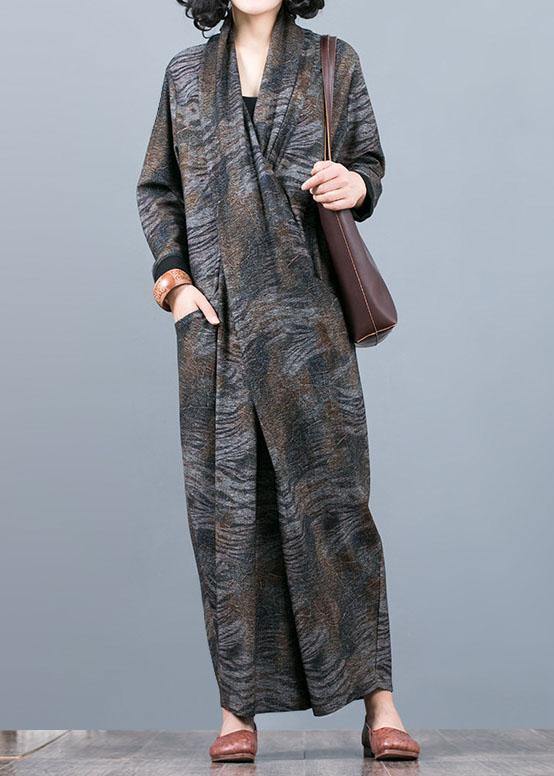 Unique Gray Print Long Dress V Neck Asymmetric Maxi Fall Dress