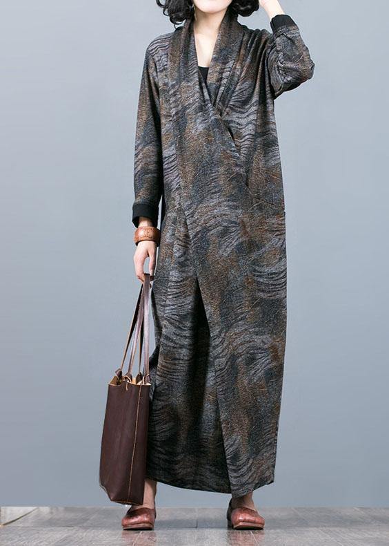 Unique Gray Print Long Dress V Neck Asymmetric Maxi Fall Dress