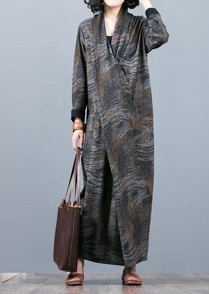 Unique Gray Print Long Dress V Neck Asymmetric Maxi Fall Dress