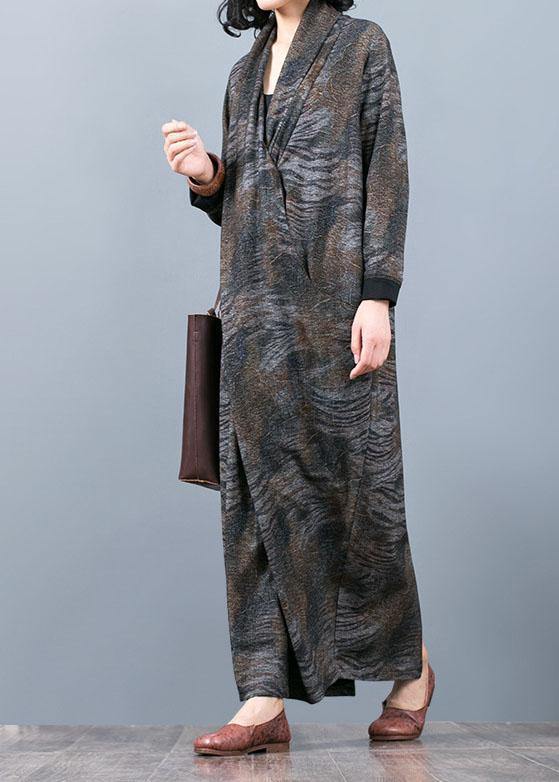 Unique Gray Print Long Dress V Neck Asymmetric Maxi Fall Dress