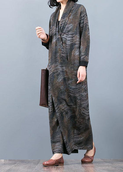 Unique Gray Print Long Dress V Neck Asymmetric Maxi Fall Dress