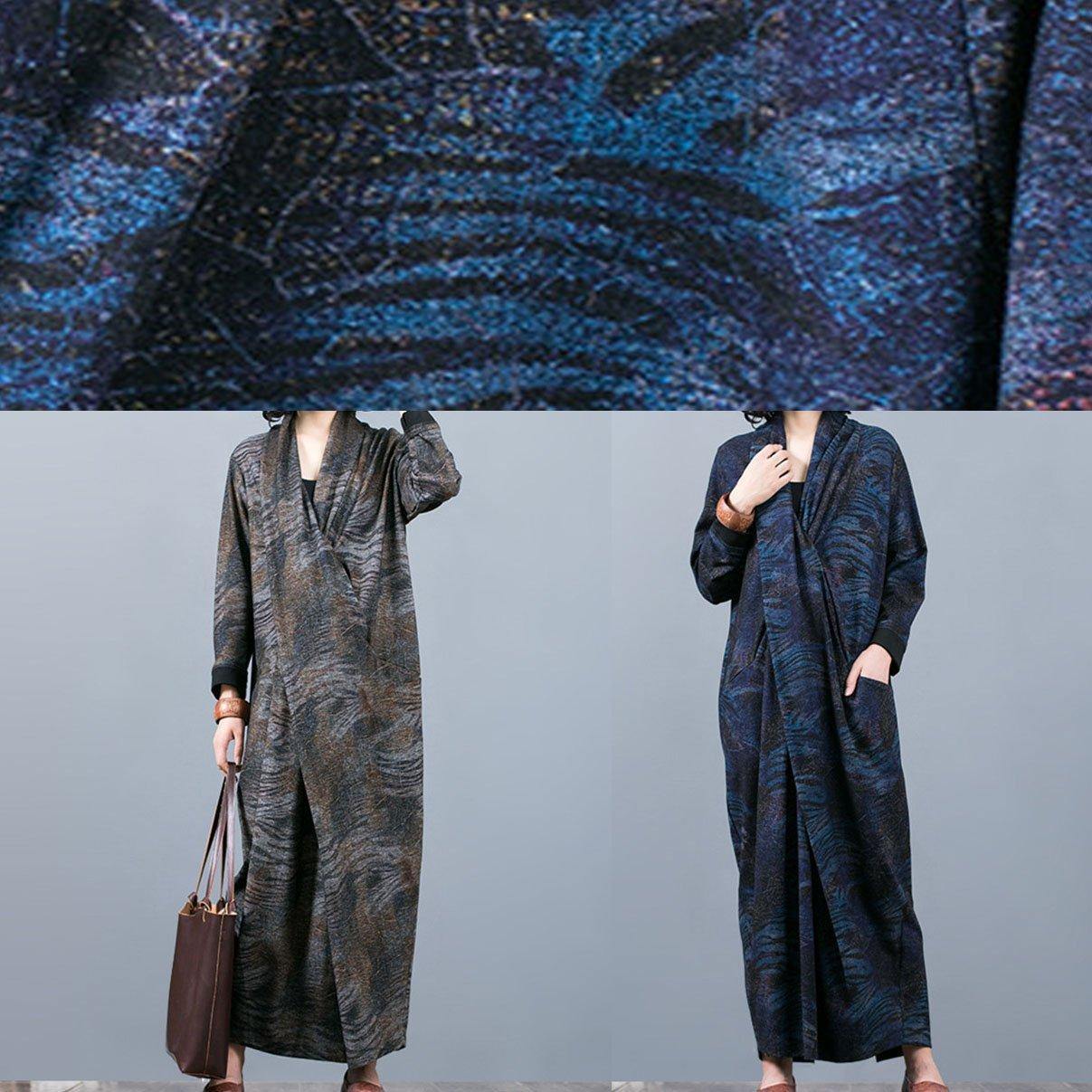 Unique Gray Print Long Dress V Neck Asymmetric Maxi Fall Dress