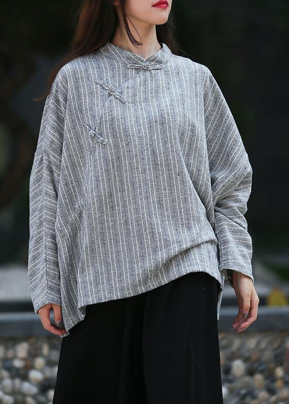 Unique gray striped clothes For Women stand collar trumpet sleeves silhouette shirts