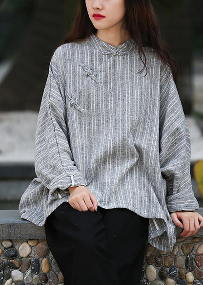 Unique gray striped clothes For Women stand collar trumpet sleeves silhouette shirts