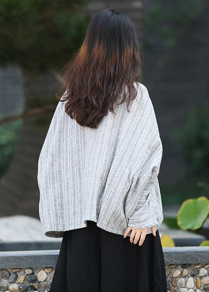 Unique Gray Striped Clothes for Stand Collar Trumpet Sleeves Silhouette Shirts