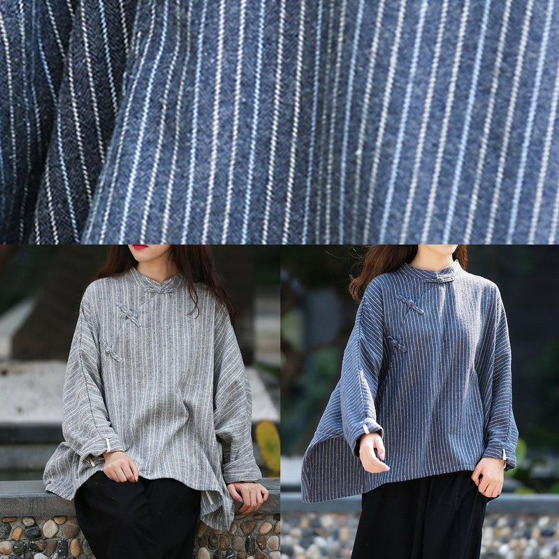 Unique Gray Striped Clothes for Stand Collar Trumpet Sleeves Silhouette Shirts