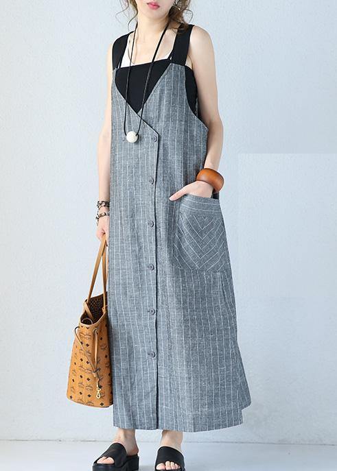 Unique Gray Striped Linen Dresses Single-breasted Maxi Sleeveless Dress