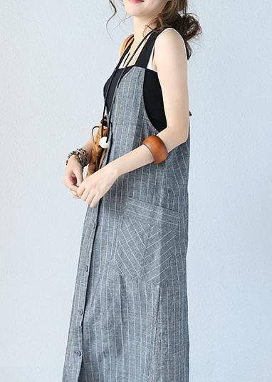 Unique Gray Striped Linen Dresses Single-breasted Maxi Sleeveless Dress