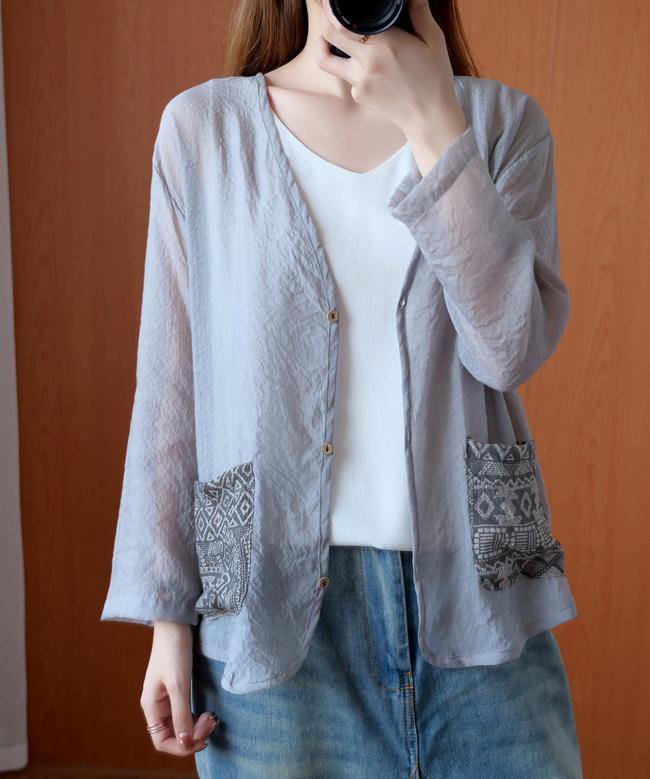 Unique gray tops women blouses v neck Button Down daily blouse